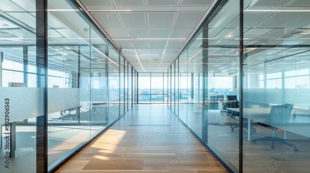 Glass Corridor in Modern Office Building.
