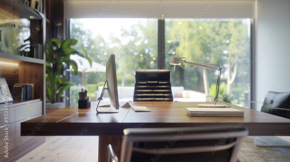 Modern Home Office Desk with Window View. Modern Home Office Desk with Window View.