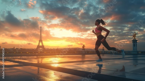 Female athlete running in Paris, Eiffel tower, women sports in France. - summer olympic games 2024 imagined by AI generative - not the actual event