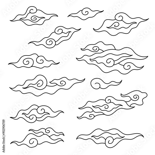 A collection of typical Indonesian Mega Mendung batik motifs with editable strokes
