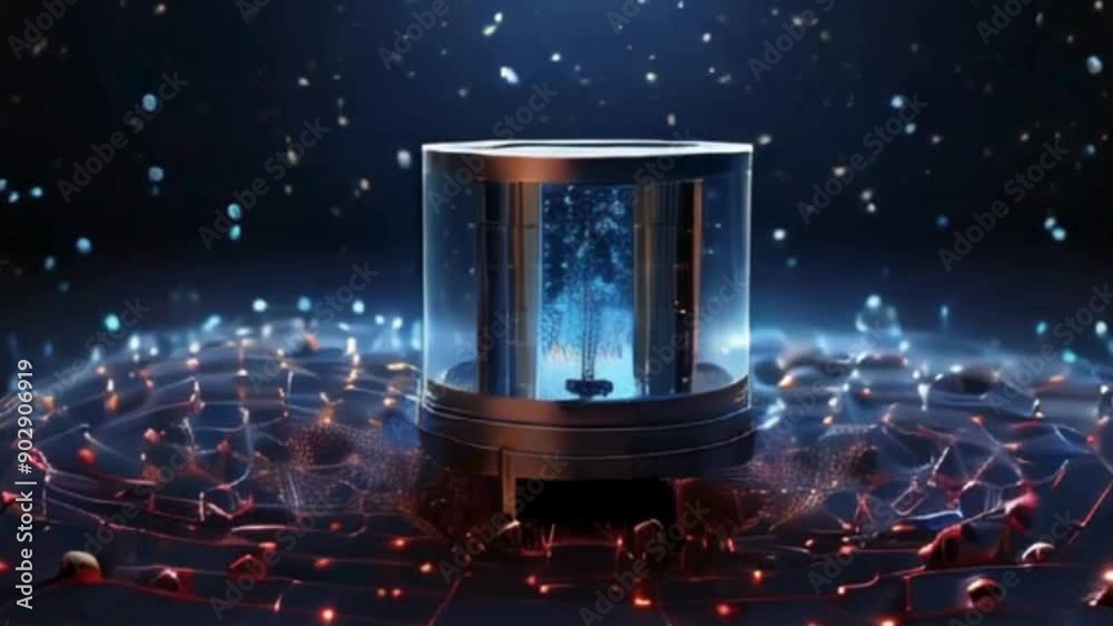 Glowing Abstract Object Enclosed in Glass Cylinder Surrounded by Digital Network