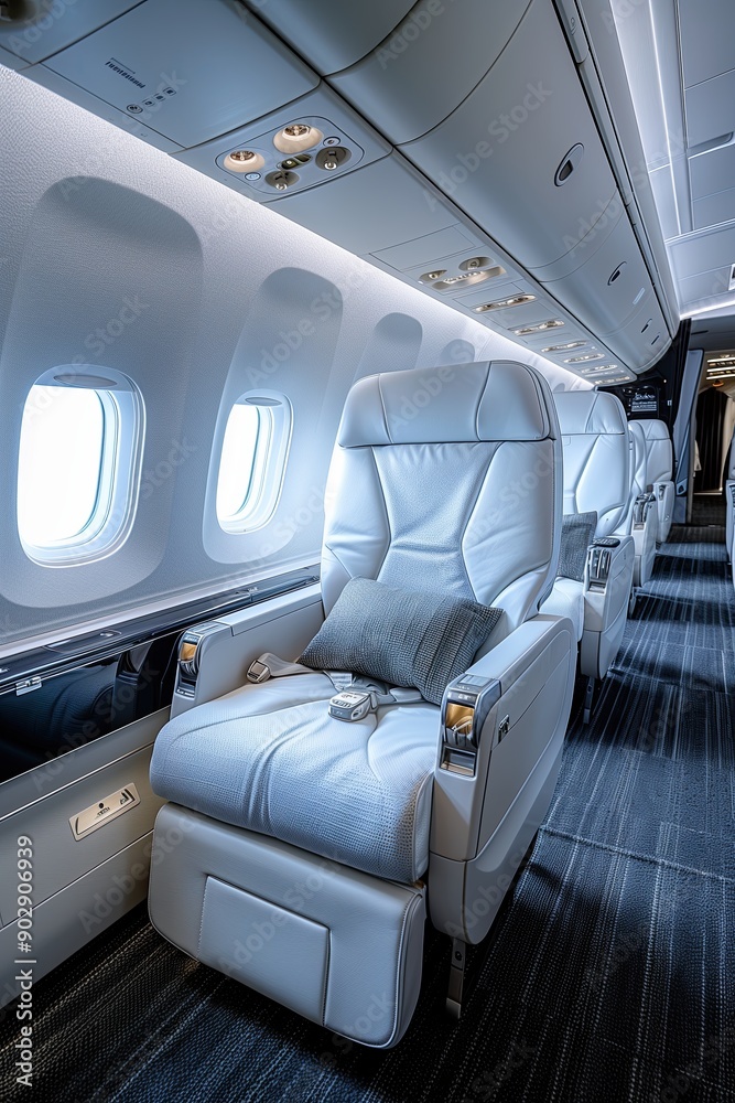 First class luxury seating in an airplane, ready for corporate or vacation travelers, with copy space in a wide banner layout First class luxury seating in an airplane, ready for corporate or vacation travelers, with copy space in a wide banner layout