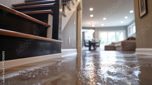 A staircase with a wooden railing and a chair in the background. The stairs are wet and the chair is in the foreground