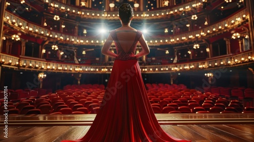 From the back of the concert hall stage, an opera singer in a stunning red dress stands, her presence captivating even from behind as she prepares to grace the audience with her performance.