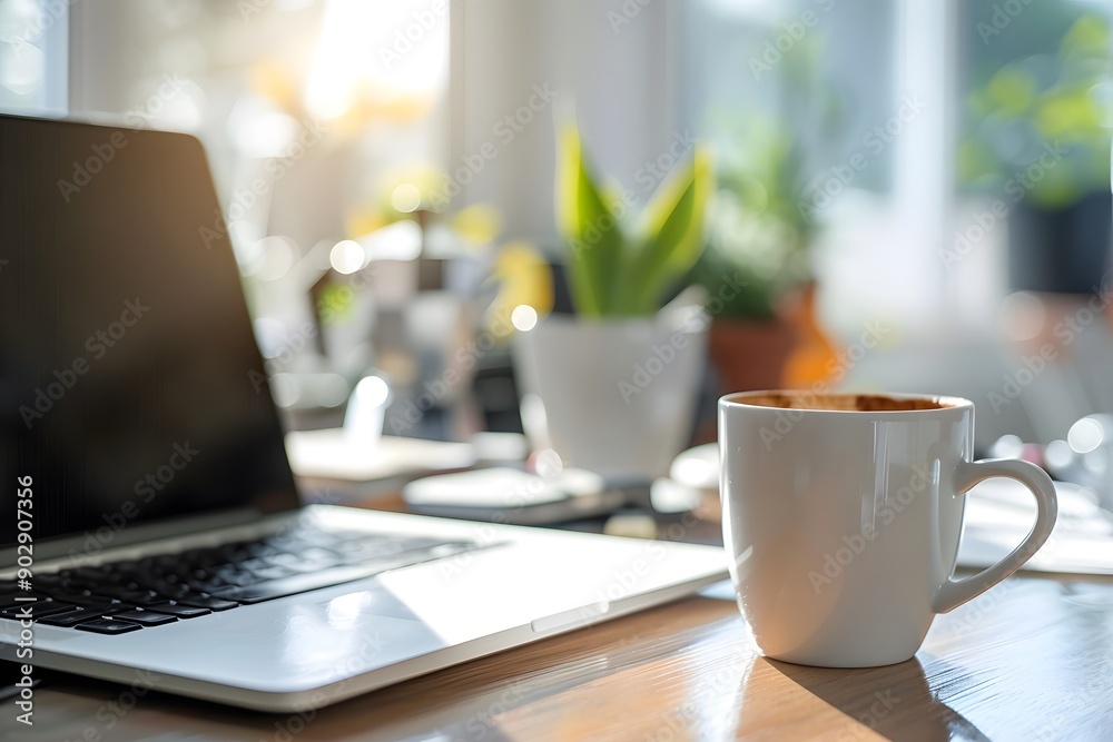 Laptop and coffee cup on wooden table with blurred background of home office Laptop and coffee cup on wooden table with blurred background of home office