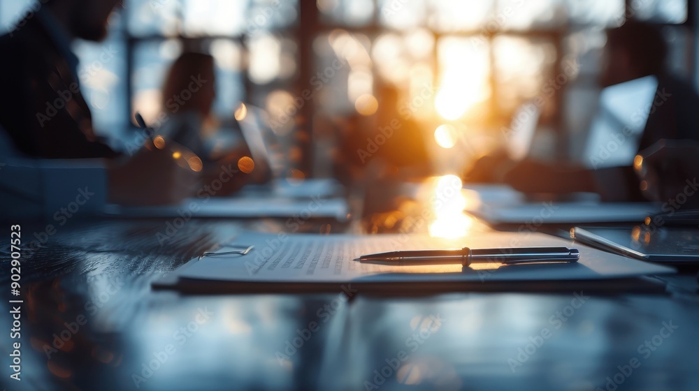 An office meeting table is bathed in soft sunlight, with scattered documents and pens suggestive of a busy, productive environment rich with teamwork and collaboration efforts.