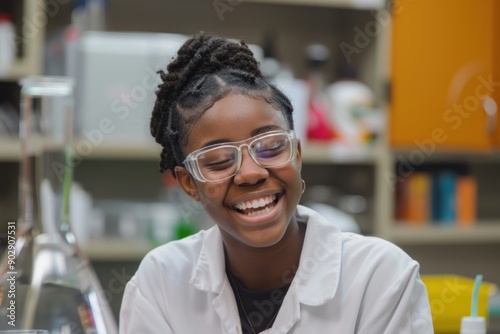 Excited Black Teenage Girl Conducting Science Experiment in High School Chemistry Lab