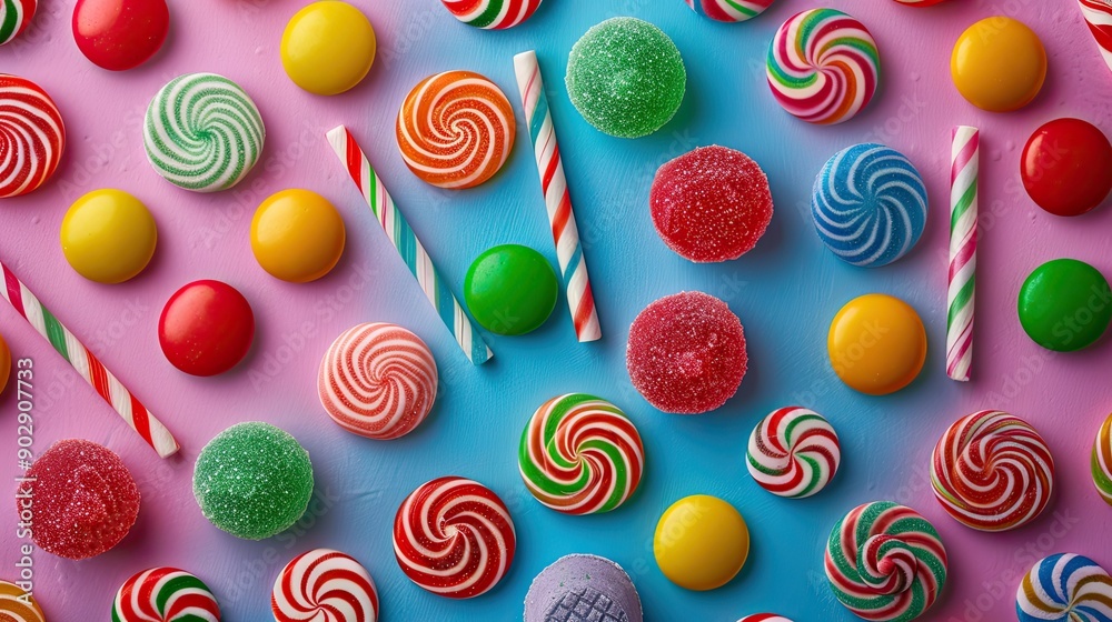 Fototapeta premium Bright and colorful assortment of candies from above, creating a fun, sugary background. Perfect for dessert and candy themes