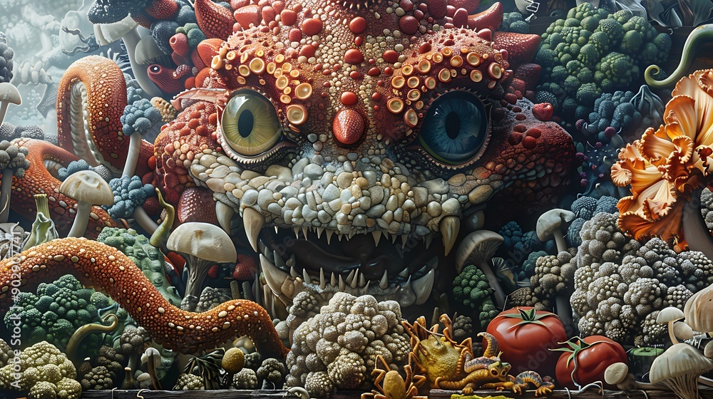 A Surreal Still Life with a Grotesque Creature Emerging from a Field of Vegetables and Mushrooms. A Surreal Still Life with a Grotesque Creature Emerging from a Field of Vegetables and Mushrooms.