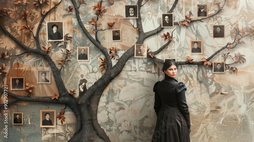 generations connected woman honoring ancestors with family tree of old photographs ai generated illustration photo