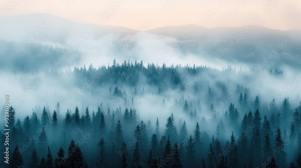 A tranquil misty forest at sunrise, where fog envelops the evergreen trees, creating a serene and magical landscape of rolling hills and soft light. A tranquil misty forest at sunrise, where fog envelops the evergreen trees, creating a serene and magical landscape of rolling hills and soft light.