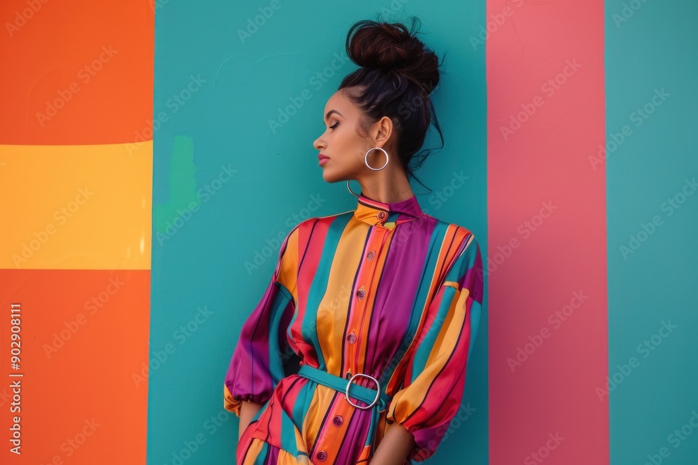 fashion model girl with colorful trendy dress against vibrant colors background fashion model girl with colorful trendy dress against vibrant colors background