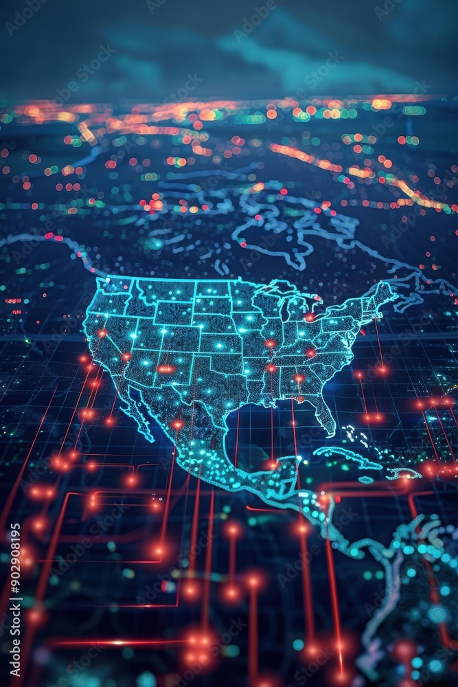 Fototapeta premium A map of the United States is shown in a purple and blue color scheme. The map is filled with dots, which represent the cities and towns in the country. The colors and the dots create a sense of depth