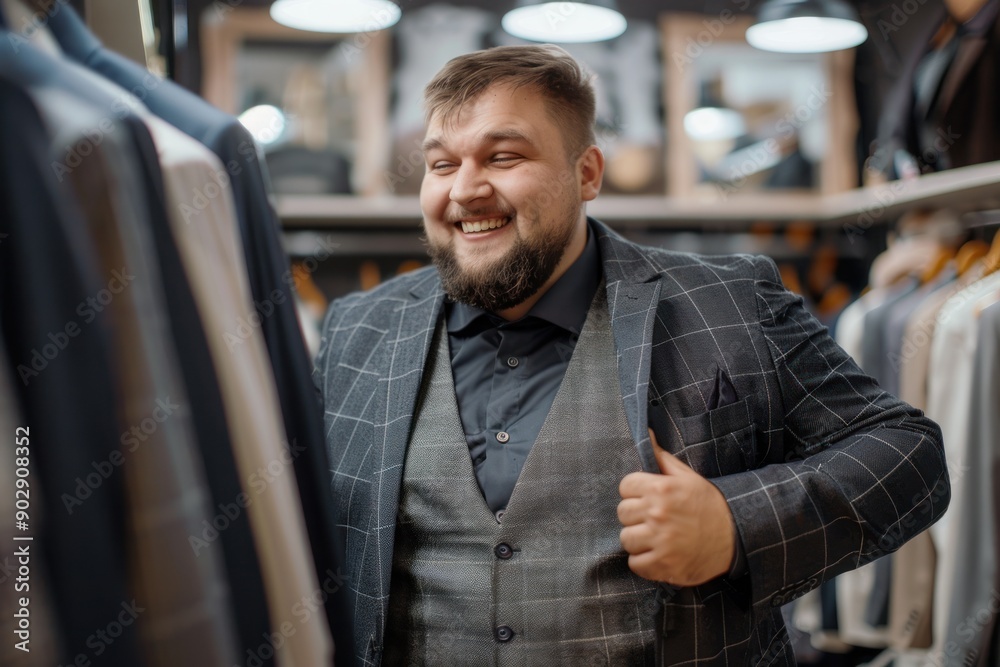 fat oversize man trying on suit for wedding. Happy groom excited smile for wedding, happiness and marriage fat oversize man trying on suit for wedding. Happy groom excited smile for wedding, happiness and marriage