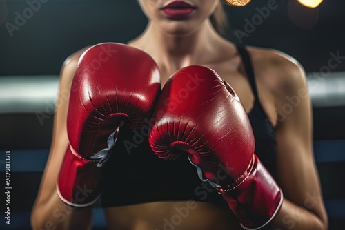 Fearless female athlete showcasing red boxing gloves Isolated blurred sport background