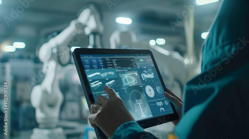 Engineer using a tablet to control a robotic arm in a factory.