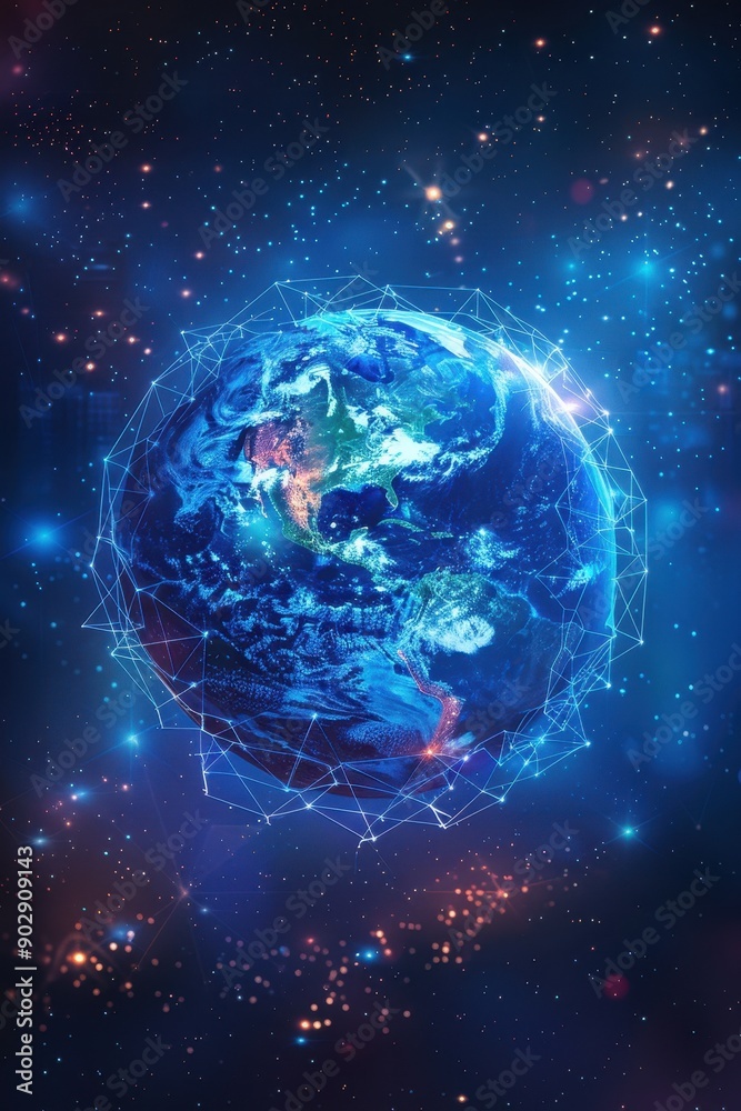 A blue planet with a network of lines surrounding it. The planet is surrounded by a starry sky A blue planet with a network of lines surrounding it. The planet is surrounded by a starry sky