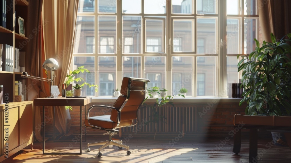 Modern Home Office Interior Design with Sunlight Streaming Through the Window. Modern Home Office Interior Design with Sunlight Streaming Through the Window.