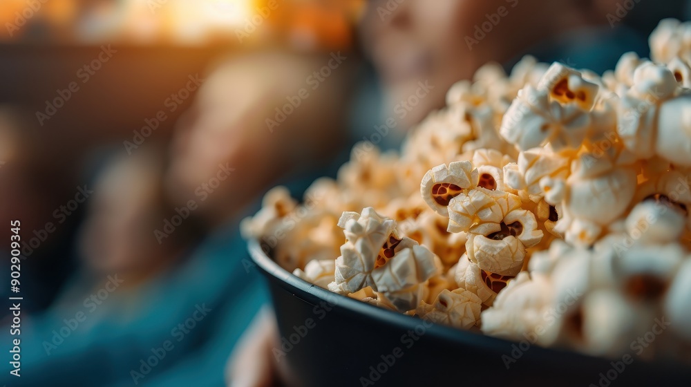 A detailed close-up image of a bowl filled with freshly made popcorn, with a blurred background capturing the essence of a cozy family movie night filled with enjoyment and relaxation. A detailed close-up image of a bowl filled with freshly made popcorn, with a blurred background capturing the essence of a cozy family movie night filled with enjoyment and relaxation.
