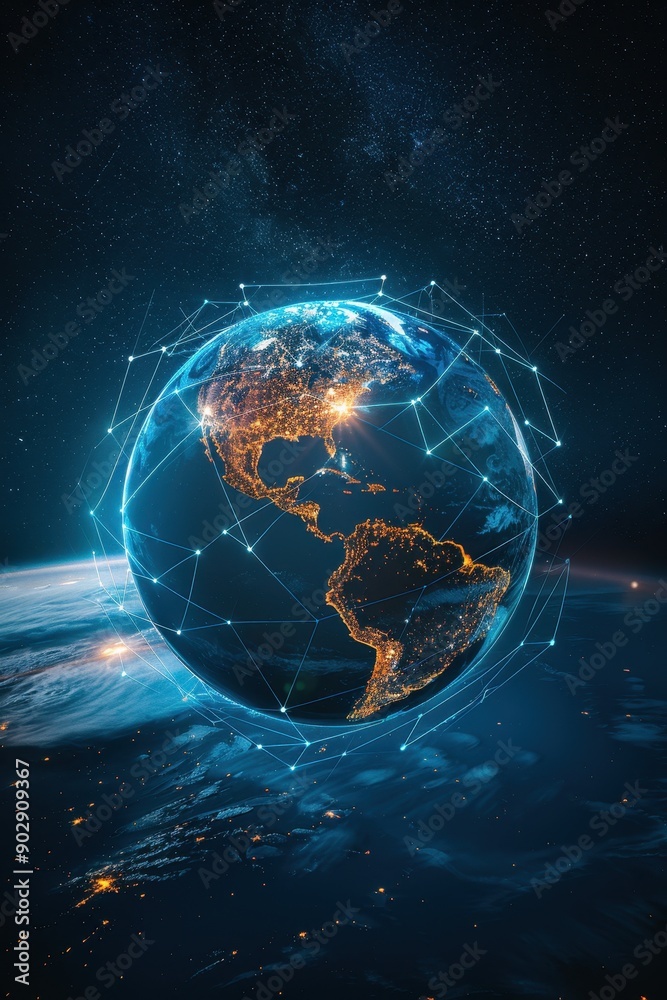 Obraz premium A blue planet with a network of lines surrounding it. The planet is surrounded by a starry sky