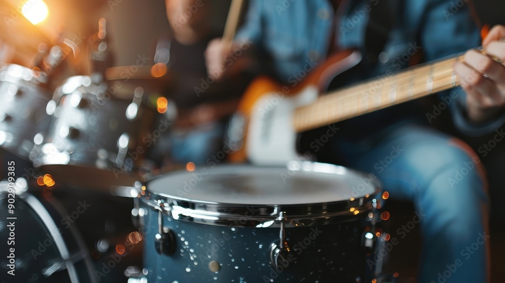 Fototapeta premium An image of a dynamic jam session featuring musicians energetically playing the drums and guitar, surrounded by instruments, capturing the passion, creativity, and exuberance of live music.