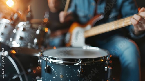 An image of a dynamic jam session featuring musicians energetically playing the drums and guitar, surrounded by instruments, capturing the passion, creativity, and exuberance of live music.