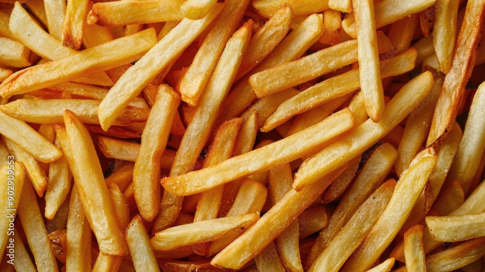 Detailed shot of golden, crispy French fries with an emphasis on their texture and mouthwatering appeal. Perfect for fast food and snack imagery. Detailed shot of golden, crispy French fries with an emphasis on their texture and mouthwatering appeal. Perfect for fast food and snack imagery.