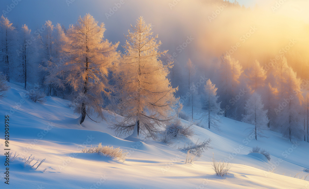 Snow-covered mountain landscape with frosty trees and soft sunlight. Snow-covered mountain landscape with frosty trees and soft sunlight.