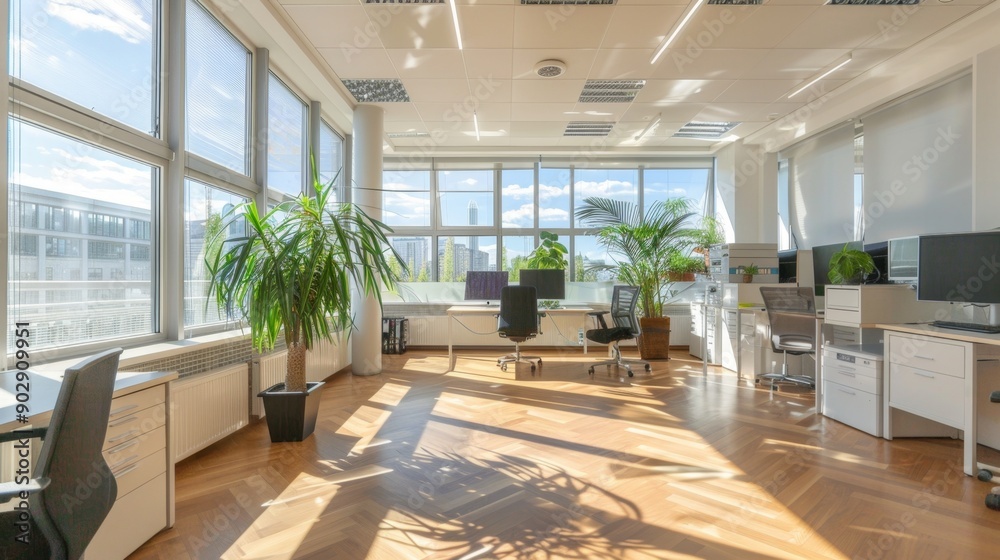 Modern office interior with large windows and wooden floor. Modern office interior with large windows and wooden floor.