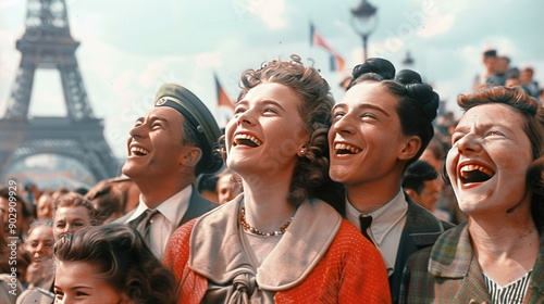 Happy people celebrating the liberation of Paris, France in 1944, with the Eiffel Tower in the background.