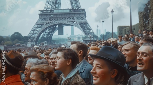 Crowd of people gather and look up at the Eiffel Tower in Paris, France.