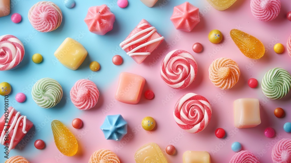 Fototapeta premium Flat lay of a colorful assortment of candies with various shapes and hues. Ideal for sweet and dessert-themed photography.