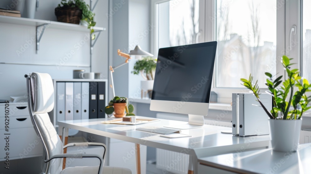 Modern Home Office Desk with Computer and Plants. Modern Home Office Desk with Computer and Plants.