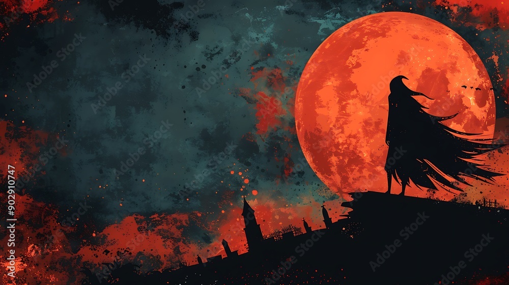 Silhouette of a hooded figure standing on a rooftop against a backdrop of a blood red moon and a stormy sky.