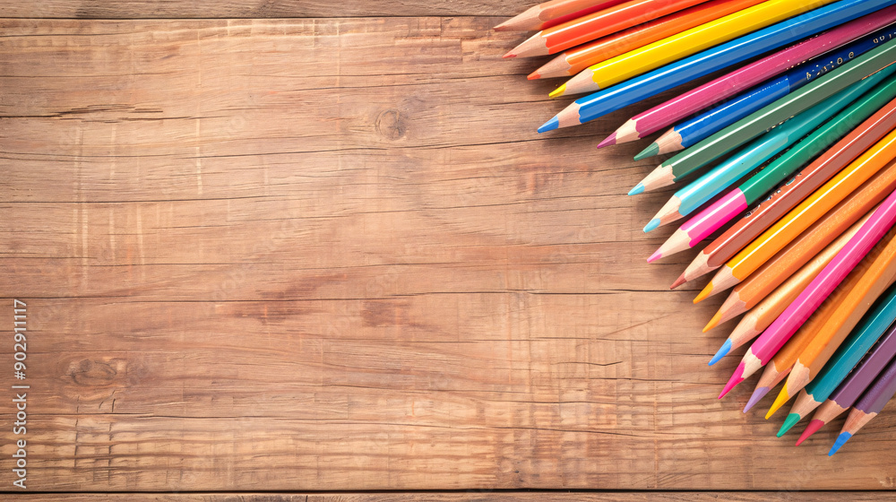 A row of colorful pencils on a wooden surface. The pencils are arranged in a way that they look like they are leaning against each other. Concept of creativity and organization A row of colorful pencils on a wooden surface. The pencils are arranged in a way that they look like they are leaning against each other. Concept of creativity and organization