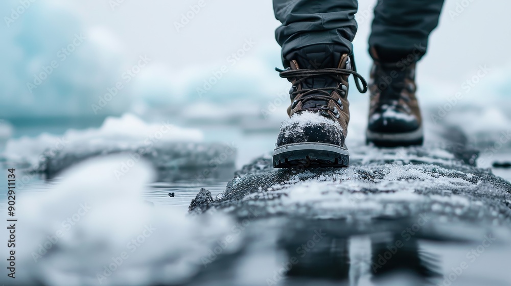 A close-up shot of a person's hiking boots standing on a frozen, icy surface during winter. The boots are rugged and surrounded by small patches of snow and ice. A close-up shot of a person's hiking boots standing on a frozen, icy surface during winter. The boots are rugged and surrounded by small patches of snow and ice.