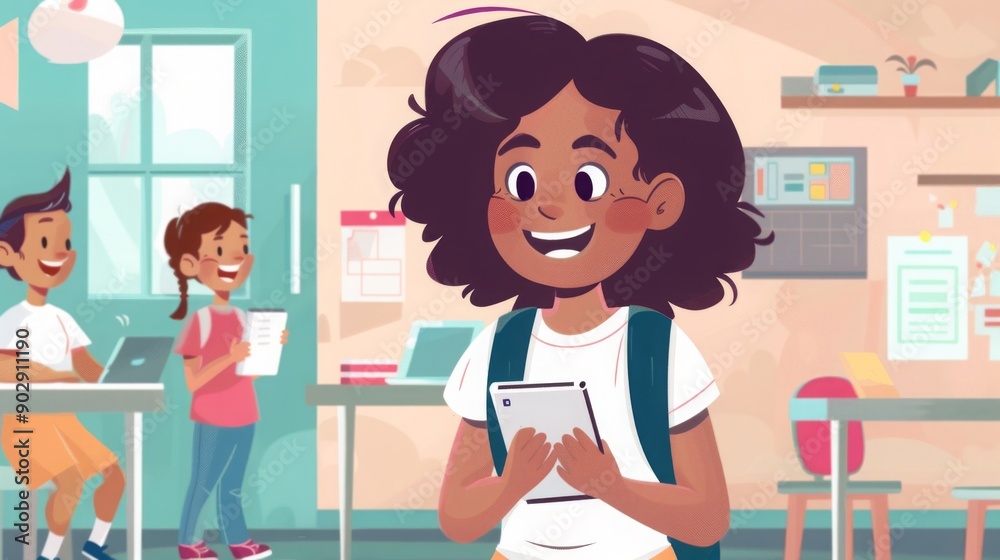 A cheerful student engages with a tablet while classmates chat and work on assignments in a vibrant classroom. A cheerful student engages with a tablet while classmates chat and work on assignments in a vibrant classroom.