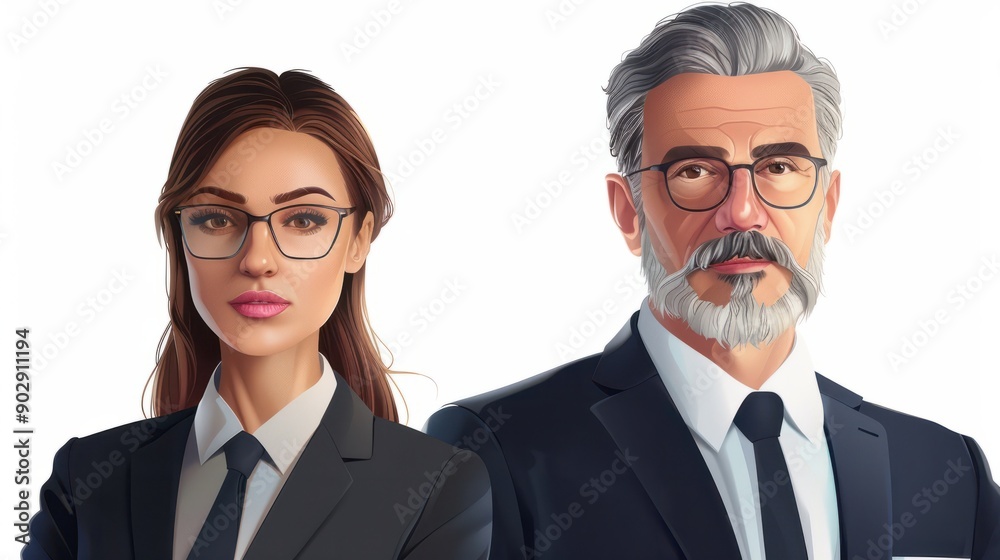 Male and female businessmen, white background Male and female businessmen, white background