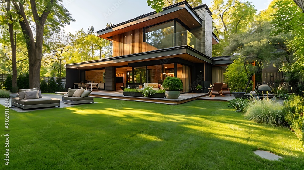 Large backyard of a contemporary home itself with lush lawn opposite to a woodland Large backyard of a contemporary home itself with lush lawn opposite to a woodland