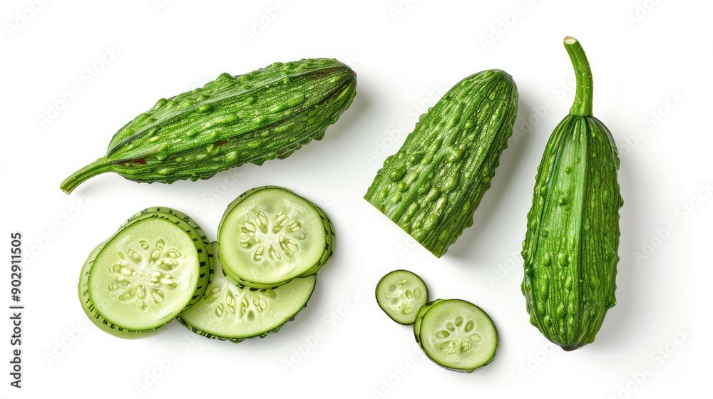 Flat lay of whole and sliced bitter gourd isolated on white. Perfect for food and vegetable-themed photography. Flat lay of whole and sliced bitter gourd isolated on white. Perfect for food and vegetable-themed photography.