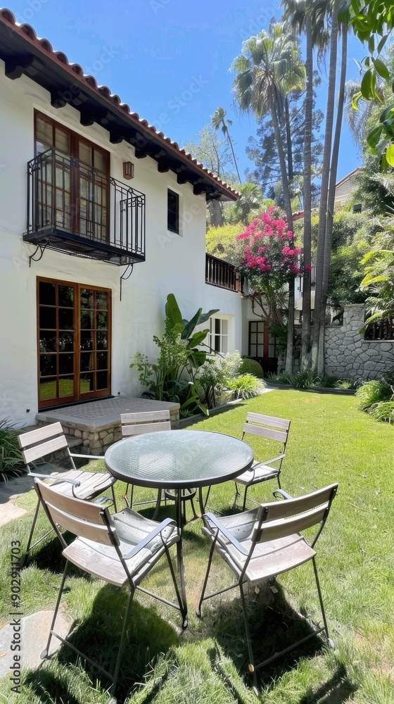 Fototapeta premium A stunning white mansion features lush greenery and vibrant flowers in a serene garden under bright sunlight