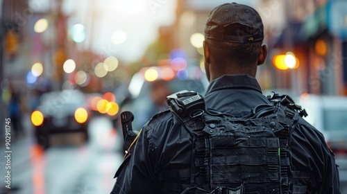 A police officer in tactical gear stands with his back to the camera amidst the blurred lights of the city, depicting vigilance, readiness, and the protection of urban communities during nighttime op