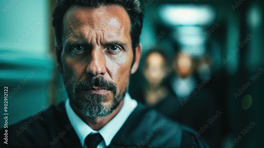 A serious-looking judge walks through a courtroom hallway with intense focus, highlighting the gravity, responsibility, and impartiality associated with the judicial profession. A serious-looking judge walks through a courtroom hallway with intense focus, highlighting the gravity, responsibility, and impartiality associated with the judicial profession.