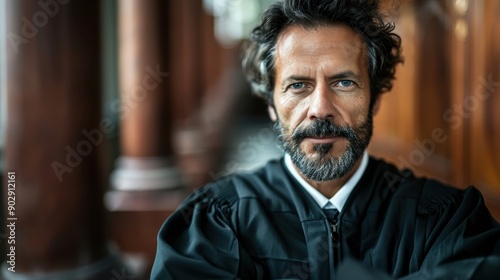 A stern judge with arms crossed stands in a courthouse hallway, epitomizing authority, decisiveness, and vigilance within the judicial system, emphasizing the formal and serious nature of law. photo