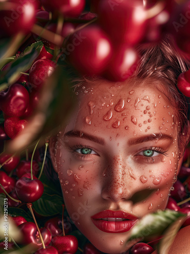 Hyper-Realistic 3D Rendering of Glowing Skin with Melatonin Extract Surrounded by Regal Cherries and Sleep-Inducing Elements for Healthy Advertisement photo