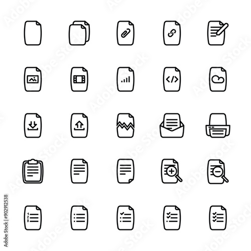 Document stroke outline icons set. Clipboard note form icon. 
