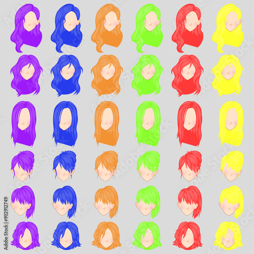 Set of colorful and beautiful woman hairstyle, long hair, short hair, curly hair salon hairstyles and trendy haircut.