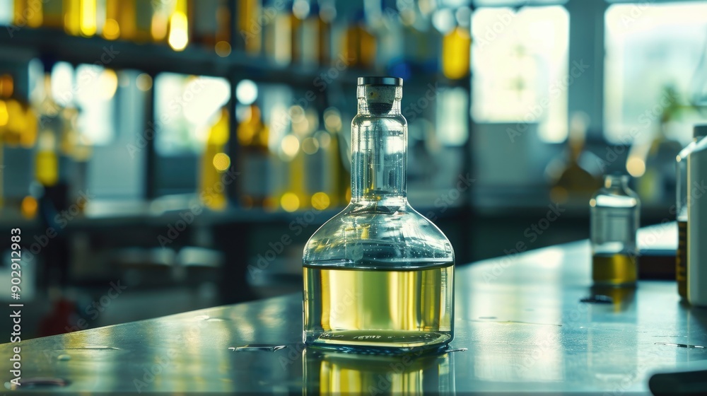Focused chloroform in glass bottle in chemistry lab with empty area Focused chloroform in glass bottle in chemistry lab with empty area