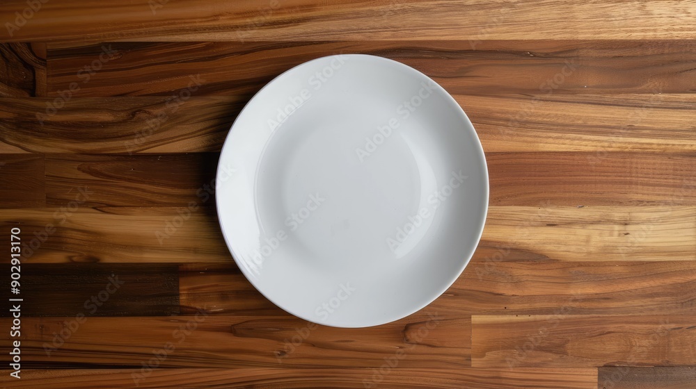 Top view of a pristine white plate on a natural wooden surface, perfect for showcasing dishes or adding text. Top view of a pristine white plate on a natural wooden surface, perfect for showcasing dishes or adding text.