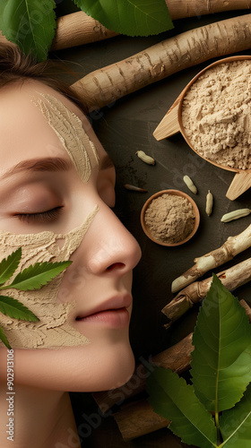 3D Render of Glowing Skin with Ashwagandha Extract and Surrounding High-Quality Ashwagandha Roots and Powder for Elegant Health Promotion